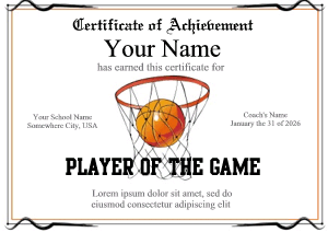 basketball certificate with goal and ball