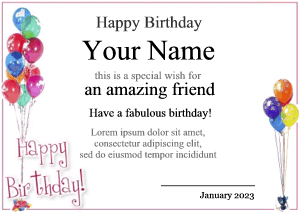 certificate to print, birthday template, present and balloons