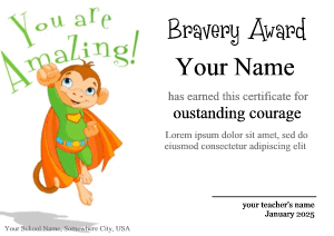 award certificate with cute monkey, superhero jumping