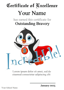 bravery certificate background with penguin superhero, cape, award medal