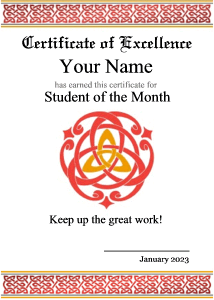 certificate border with Celtic knots, red and gold