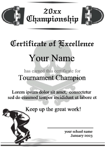skateboarding certificate template, skull pattern, skateboarder