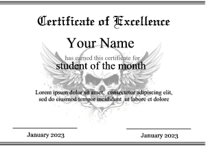 cool certificate, winged skull, black and white border