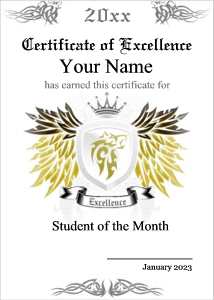 cool certificate, wolf crest, wings, black and gold
