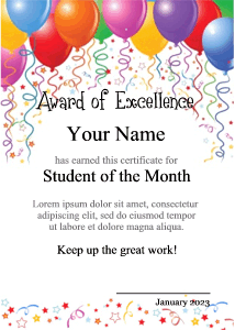 award certificate border with balloons, confetti, celebration