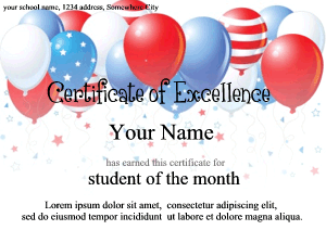 certificate, USA, balloons, red white and blue