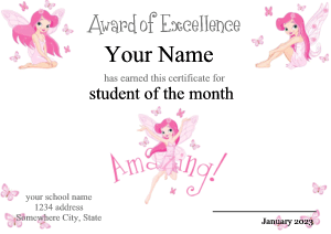 certificate template, fairies, pink border