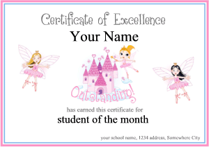 certificate template, fairies, ballerina, castle