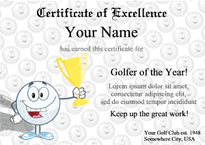 cute certificate template, golf ball character