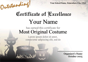 Halloween certificate with cool background, black cat, cauldron, pumpkin