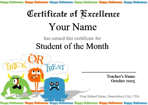 Certificate template with cute monters saying trick or treat