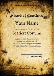 Halloween certificate with spiders and creepy crawlies