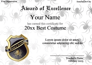 formal Halloween certificate with crest in the center