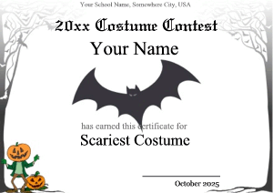 certificate for Halloween contests, bat, spooky forest