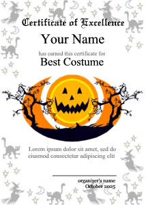 certificate border with witches, black cats, Halloween moon, stars