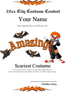 award certificate with creepy clown, bats, Halloween border