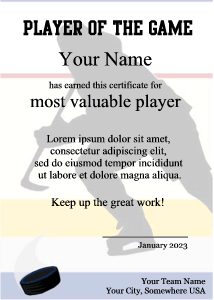 ice hockey certificate, player award