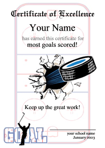 ice hockey certificate, slapshot, goal