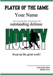 ice hockey certificate, player of the game