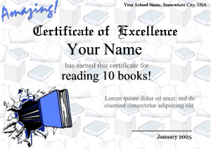 cool reading certificate with book bursting through the background