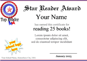 reading certificate, border with award ribbon, top reader, USA