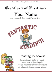 certificate background with stacks of books and kids playing