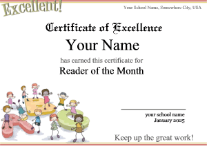 kindergarten reading award certificate