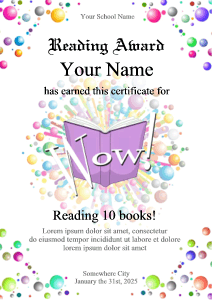 motivational certificate, reading, book, colorful background