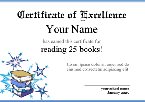 certificate background for reading success, stack of books, blue