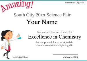 certificate with female scientist, chemist, white lab coat