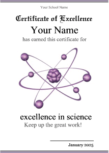 simple science certificate template with atom in the center